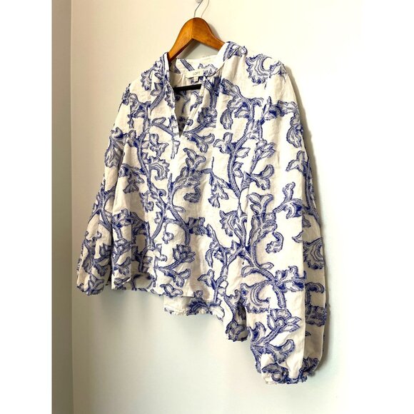 Loft Petites White & Blue Embroidered Long Sleeve Blouse Large P - Picture 3 of 9